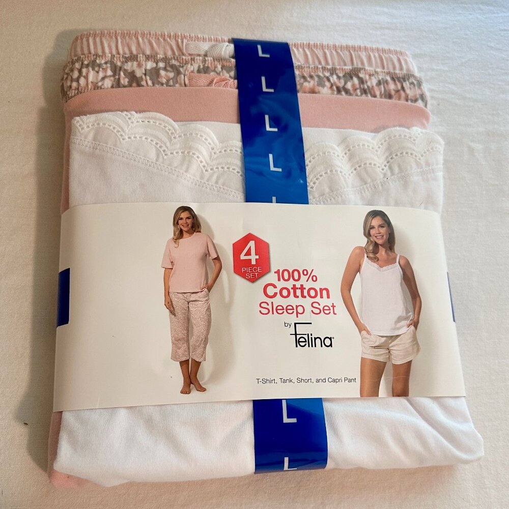 Felina Women's 4 Piece 100% Cotton Sleep Pajama Set L Tee Tank Short Capri Pant - Picture 10 of 10